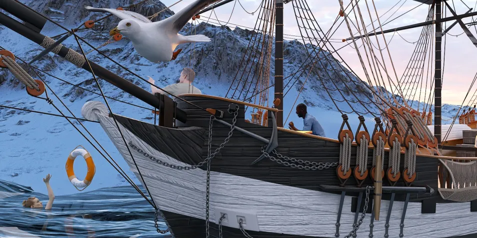 3D ship scene featuring animated characters enjoying a maritime adventure in a creative nautical style, showcasing the Homestyler real-time 3D rendering feature for immersive visualization.