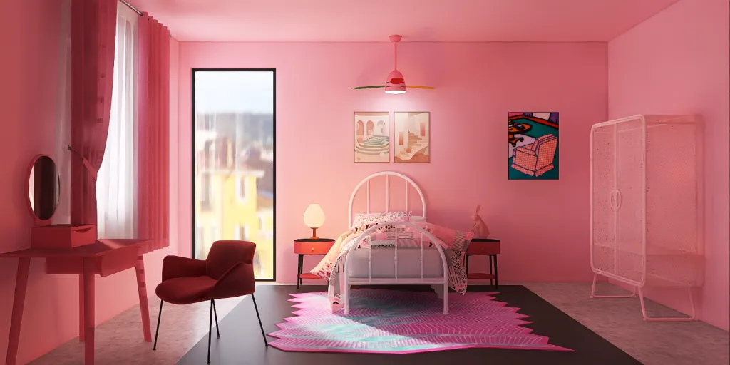 a bedroom with a pink bed and a pink chair 