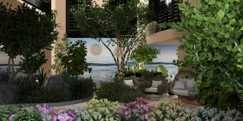 lush greenery in a beautifully arranged outdoor garden space featuring vibrant flowers, showcasing an immersive 3D landscape design, utilizing Homestyler's real-time 3D rendering for a realistic preview.