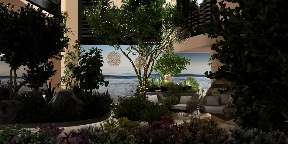 lush garden design featuring seating area with natural landscaping and ambient lighting in a modern setting, optimized for indoor-outdoor living, showcasing Homestyler's real-time 3D rendering feature