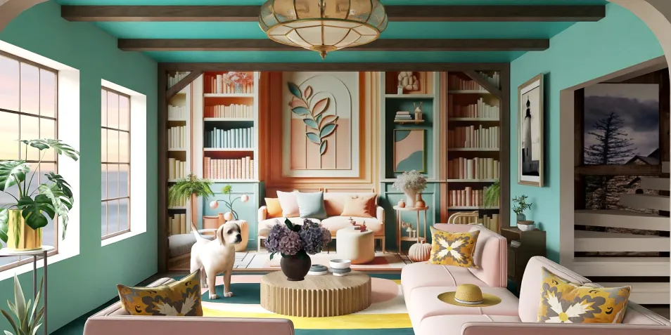 cozy living room with modern furniture arrangement in a colorful style showcasing spaciousness and comfort using Homestyler's real-time 3D rendering feature