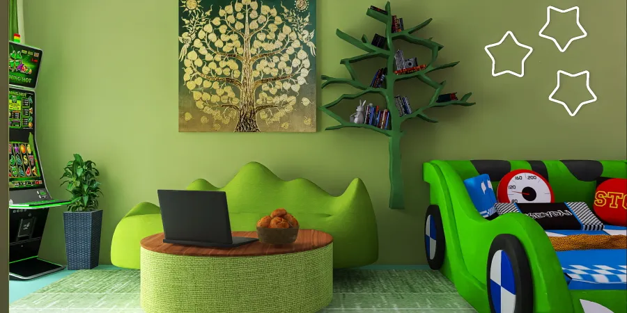 a green couch with a computer on top of it 