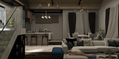 modern living room design featuring a spacious sofa with decorative pillows, showcasing an open kitchen area with stylish bar stools, emphasizing a contemporary aesthetic and optimized interior decor layout using Homestyler's real-time 3D rendering functionality.