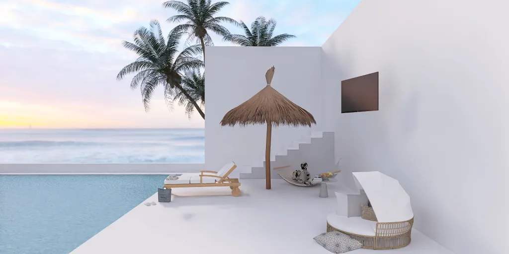 a beach with a white umbrella and a white chair 