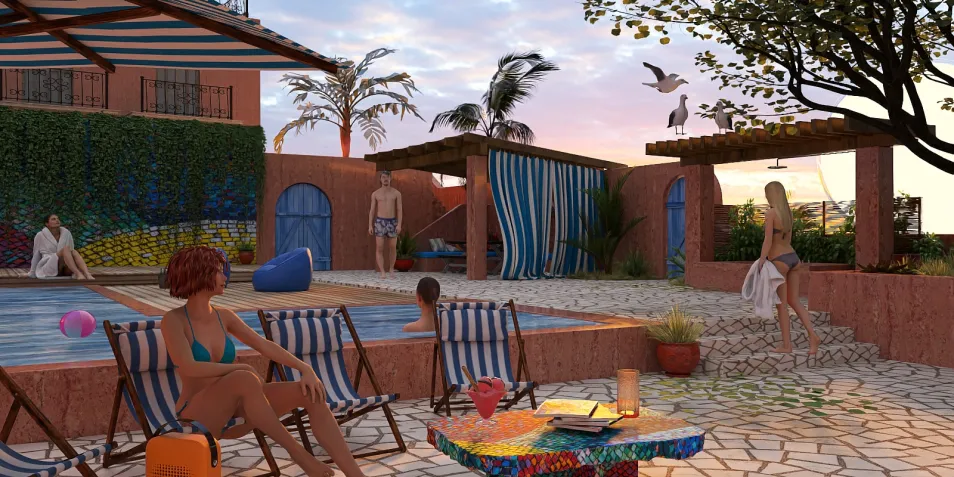 outdoor pool area with sun loungers and tropical plants showcasing a relaxing atmosphere in a vibrant Mediterranean style; features Homestyler's real-time 3D rendering for design proposal previews.