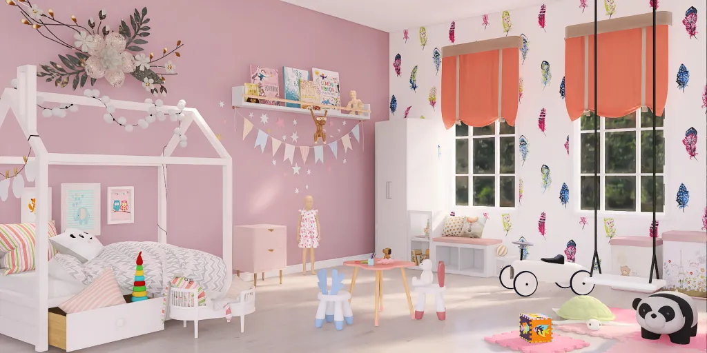 a room with a bed, a table, and a doll house 