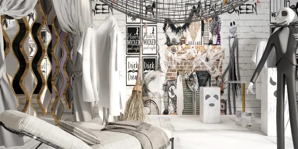 A stylish Halloween-themed bedroom showcasing eerie decorations and artistic elements, designed using Homestyler's real-time 3D rendering for quick visual previews.