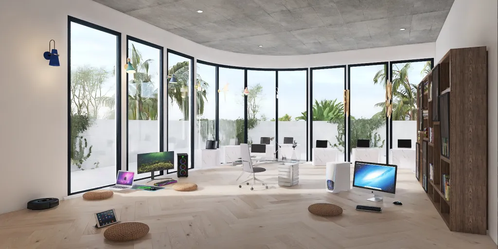 a living room with a large window and a large tv 