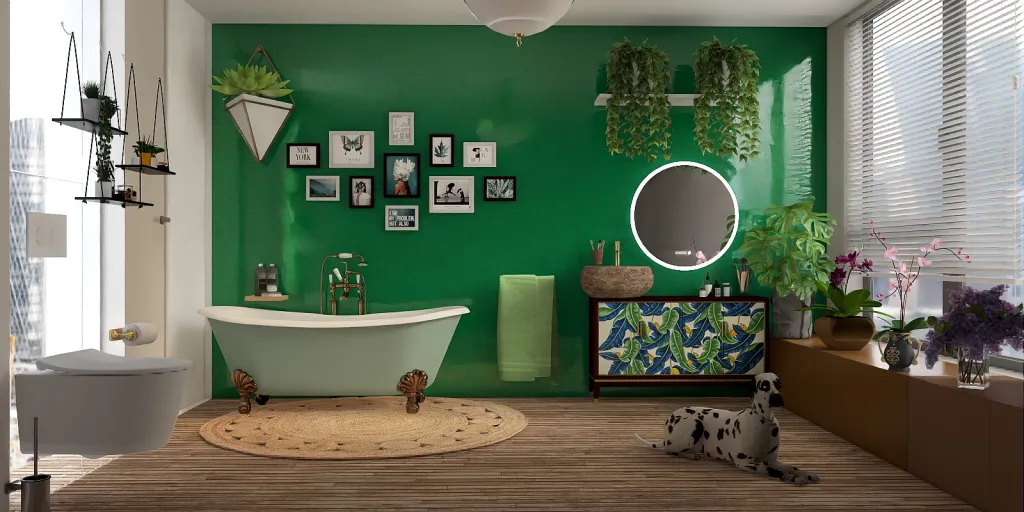 a bathroom with a tub, sink, and a painting on the wall 