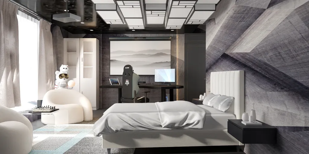 a hotel room with a bed, desk, and television 