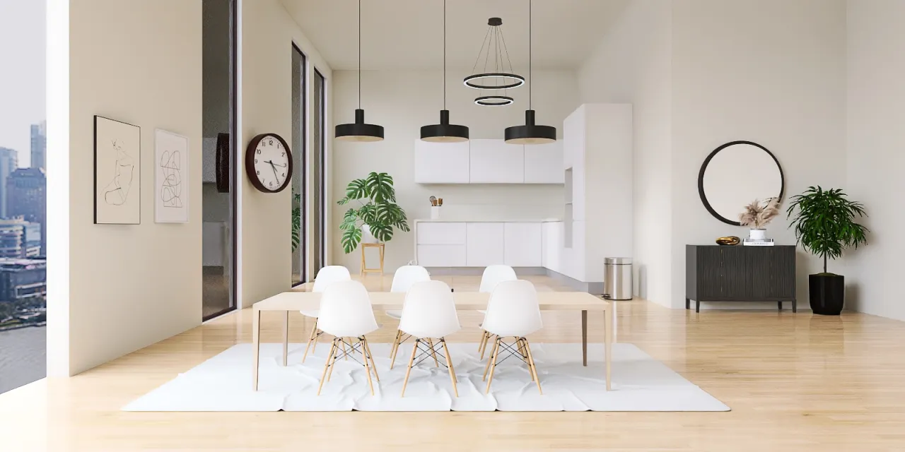 a living room with a table and chairs and a large window 