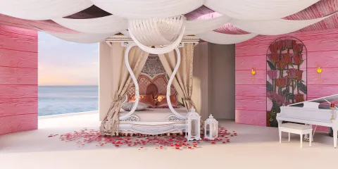 luxurious bedroom design featuring a canopy bed and elegant decor, showcasing a romantic atmosphere with rose petals, leveraging Homestyler's real-time 3D rendering feature for rapid design previews.