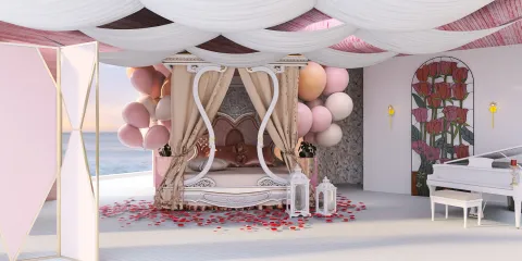 luxurious four-poster bed surrounded by decorative balloons and floral elements in a romantic bedroom setting, featuring a blend of modern and classic styles, showcasing Homestyler's real-time 3D rendering capability.