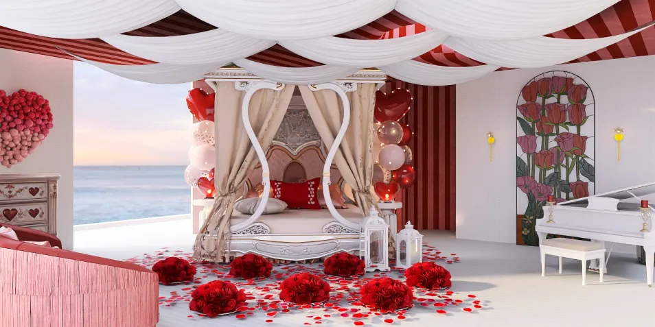 romantic bedroom design featuring a four-poster bed with draped fabric, heart-themed decorations and soft lighting, creating an intimate atmosphere for a relaxing space using Homestyler's real-time 3D rendering feature.