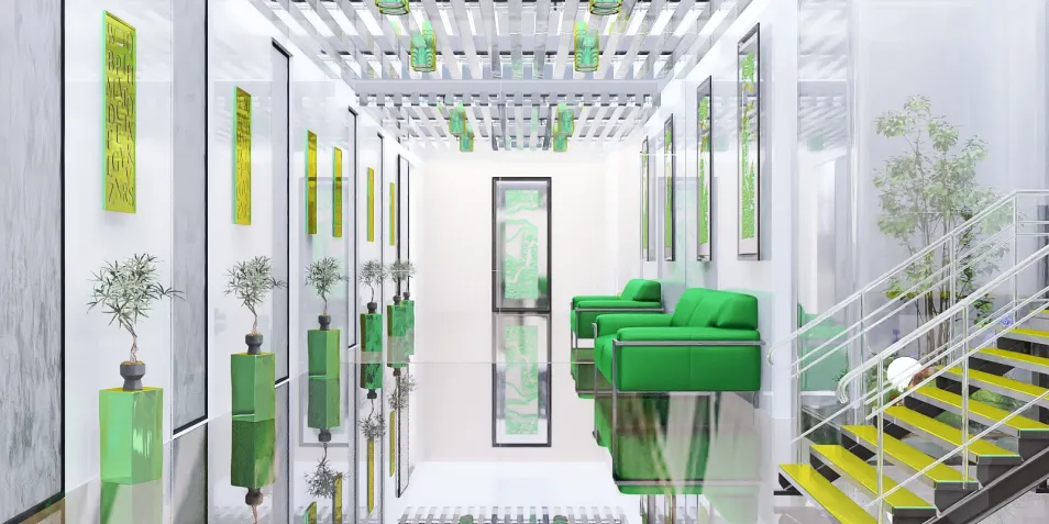 A modern hallway featuring green lounge chairs and potted plants, showcasing a contemporary interior design style while optimizing small spaces using Homestyler's intelligent furniture arrangement feature.