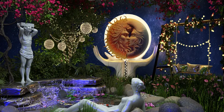 outdoor garden space featuring a serene water feature and illuminated sculptures designed for relaxation and tranquility, showcasing the use of Homestyler's real-time 3D rendering for detailed outdoor landscaping.