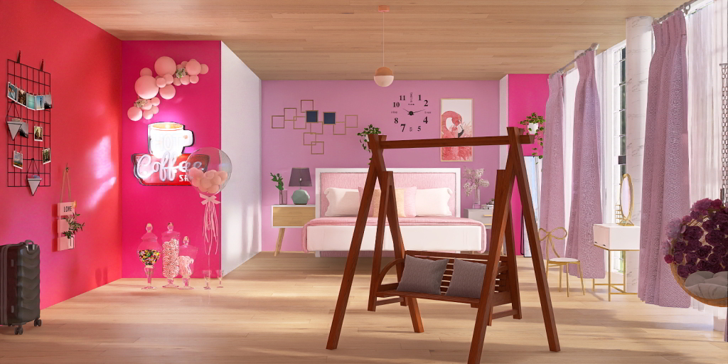 a small room with a wooden floor and a pink wall 