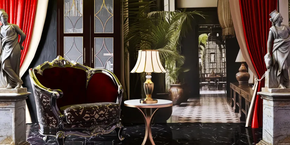 luxurious red velvet chair with intricate carvings and a classic lamp, showcasing a vintage interior design style in an elegant living area with marble flooring and decorative statues, featuring Homestyler's real-time 3D rendering for design proposals.