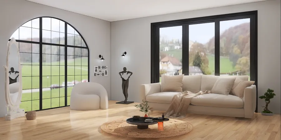 a living room with a couch, table and a window 