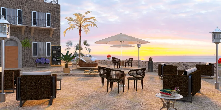 a patio with chairs and tables and a beach 