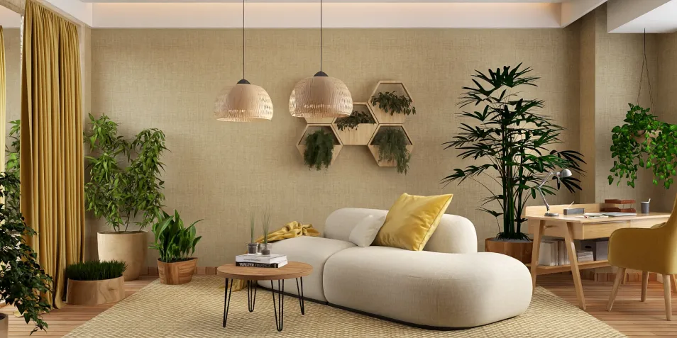 Cozy living room with a modern curved sofa and hanging pendant lights, showcasing a natural and minimalist style, featuring indoor plants and a workspace, highlighting Homestyler's real-time 3D rendering for effective interior design visualization.