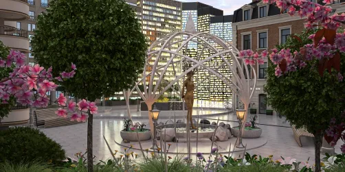Urban Oasis with Fountain Sculpture