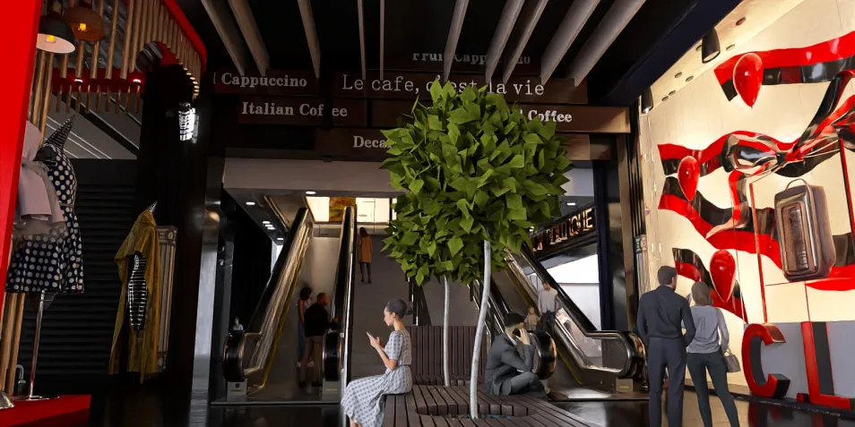modern shopping mall entrance featuring a vibrant indoor tree with shoppers engaging in various activities, showcasing an inviting atmosphere and contemporary interior design, utilizing Homestyler's real-time 3D rendering feature.