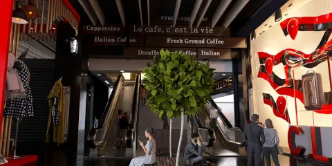 A modern café interior featuring a vibrant tree, showcasing a stylish design with various signage elements. The layout emphasizes an inviting space for customers, ideal for interior design inspiration using Homestyler's real-time 3D rendering feature.