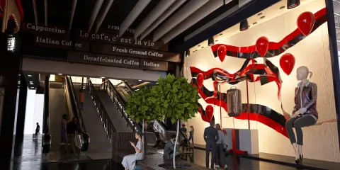 modern cafe interior with vibrant wall art and sculptures showcasing contemporary decor style, highlighting smart furniture arrangement feature from Homestyler