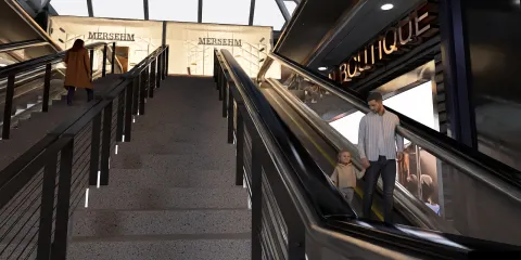 people walking down the staircase in a shopping area showcasing modern architectural design and retail space, emphasizing the usability of Homestyler's 3D rendering feature.