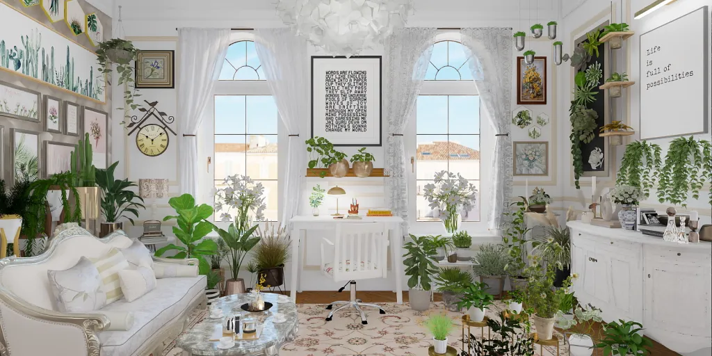 a living room filled with furniture and plants 