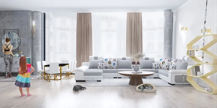 a living room with a couch, chair, and table 
