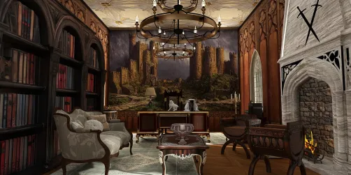 luxurious reading room featuring elegant furniture arrangement with a vintage style, showcasing intricate woodwork and a majestic stone fireplace, utilizing Homestyler's real-time 3D rendering for an immersive interior design experience.