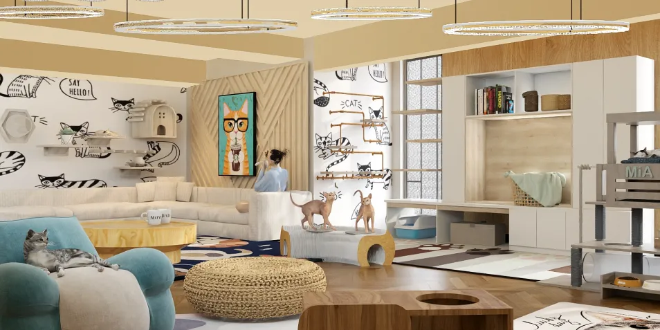 Cozy living room with smart furniture arrangement featuring a cat theme in a playful style, enhancing aesthetic value while leveraging Homestyler's real-time 3D rendering for design preview.