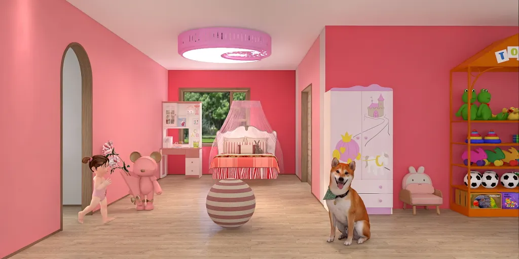 a small dog standing in a room with a pink wall 