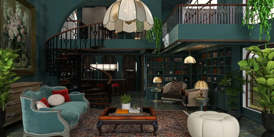 luxurious living room featuring elegant furnishings integrated with smart furniture arrangement in a vintage style, showcasing the Homestyler's real-time 3D rendering feature.