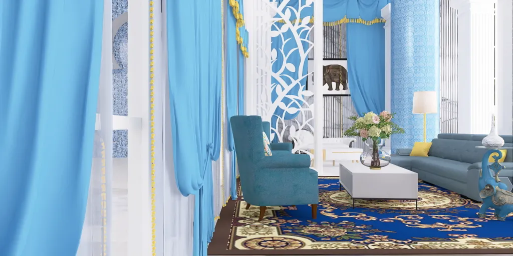 a living room with a blue couch and blue rug 