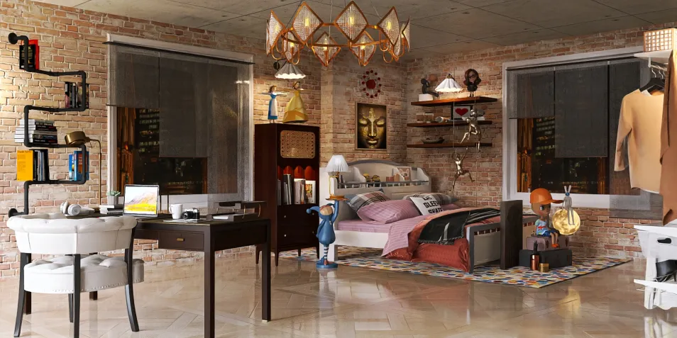 modern bedroom design featuring a cozy bed and stylish furniture arrangement with a rustic brick wall, showcasing the smart furniture placement feature of Homestyler for optimal use of space.