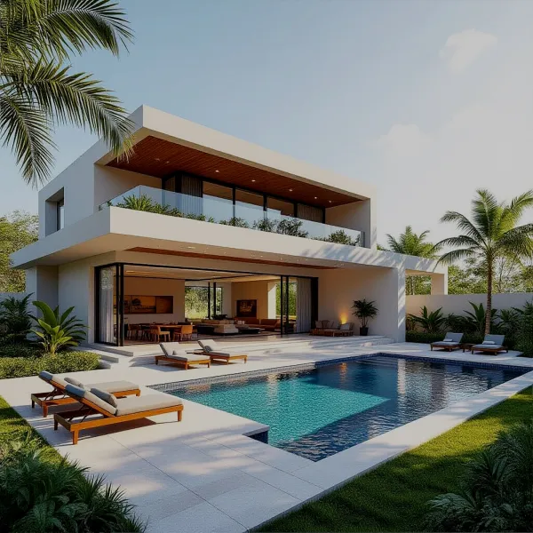 modern villa exterior showcasing a luxurious swimming pool and tropical landscaping in a contemporary style with a focus on outdoor relaxation, utilizing Homestyler's real-time 3D rendering feature.