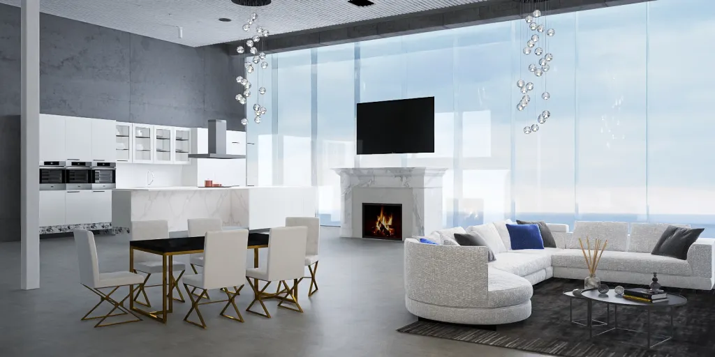 a living room with a fireplace and a television 