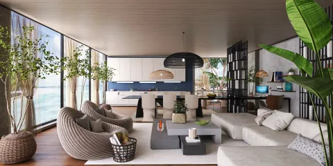 modern living room with open kitchen featuring 3D render of furniture arrangement in coastal style, showcasing Homestyler's real-time 3D rendering feature.