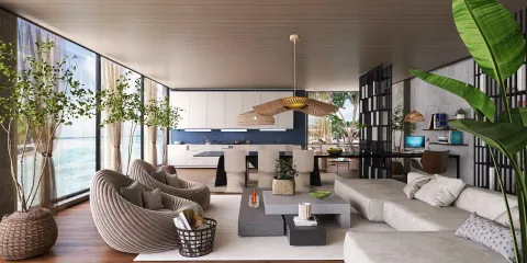 modern living room featuring a cozy seating arrangement and natural light, integrating smart furniture layout for space optimization, showcasing Homestyler's real-time 3D rendering capabilities.