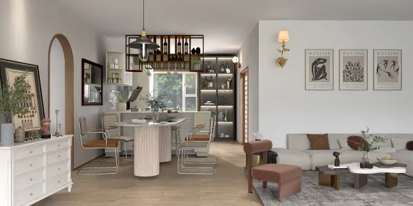 modern living room showcasing smart furniture arrangement with open kitchen feel in a contemporary style that emphasizes space optimization using Homestyler's intelligent furniture layout feature.