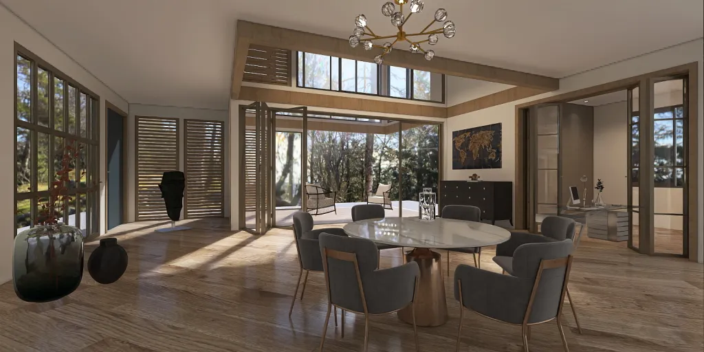 a living room with a dining room table and chairs 