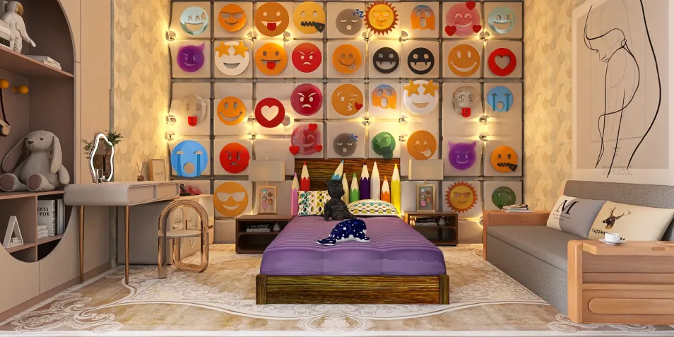 colorful wall art display in children’s bedroom showcasing playful design style enhancing creativity and joy in the space, featuring Homestyler's real-time 3D rendering for detailed design proposals