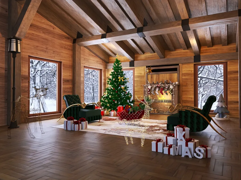 a room with a fire place and a christmas tree 