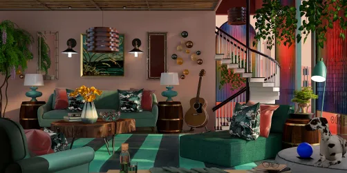 Pink and Teal Living room area with staircase 💖🩵