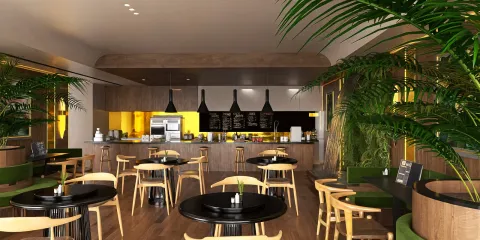 A modern restaurant interior featuring a well-arranged dining space, designed in a contemporary style with green accents, showcasing the smart furniture layout feature of Homestyler for optimizing small spaces.