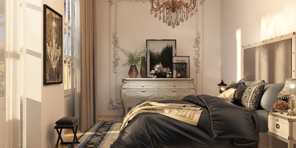 elegant bedroom design featuring a luxurious bed and ornate chandelier, styled for a sophisticated atmosphere, showcasing Homestyler's real-time 3D rendering capabilities.
