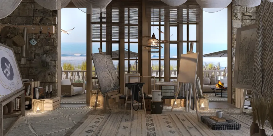 beautiful coastal art studio creating serene atmosphere with natural light and wooden decor enhancing creativity and productivity using Homestyler's real-time 3D rendering feature.